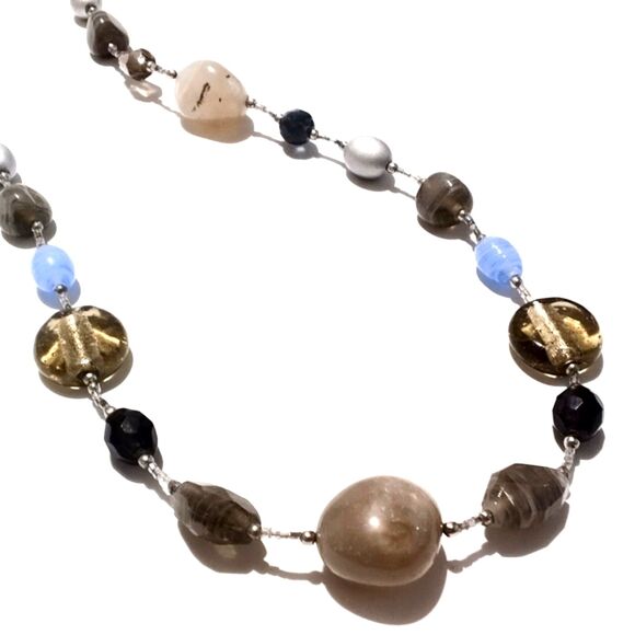 Premier Designs Long Glass & Seed Bead Necklace 40" Blue Gray Beige - Picture 4 of 7